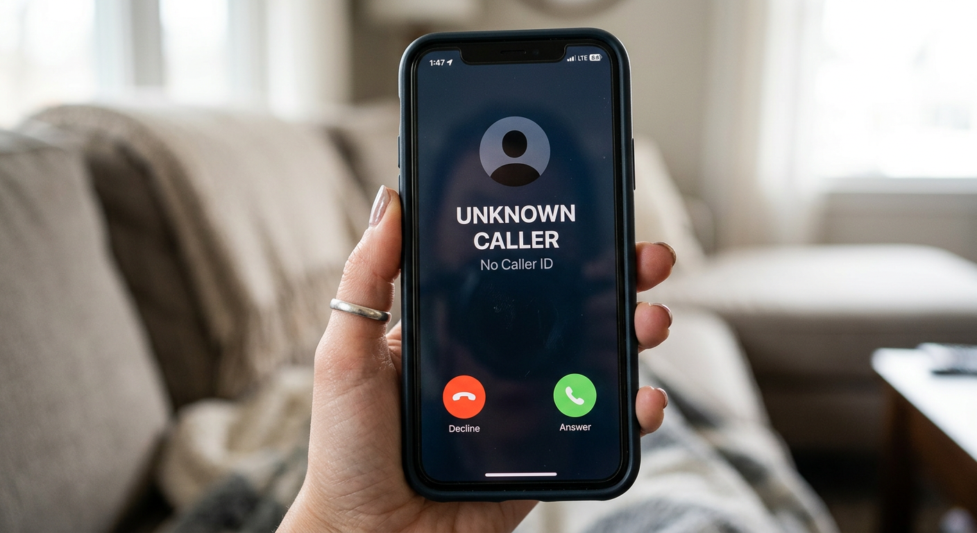 Unknown caller on phone screen — reverse phone lookup